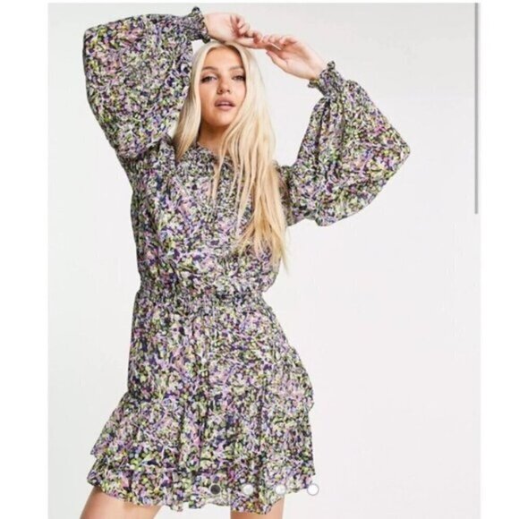 NWT TED BAKER Karliie Abstract Floral Confetti Dot Tiered Mini Dress - Picture 11 of 16